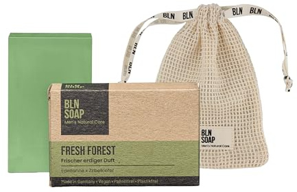 Feste Seife Männer + Baumwoll-Seifensäckchen: 3-in-1 Männerseife + Seifenbeutel für Aufbewahrung & Peeling – Seifenstück Nachhaltig & Vegan, Natürliche Duschseife für Hand, Körper & Haare, BLN SOAP