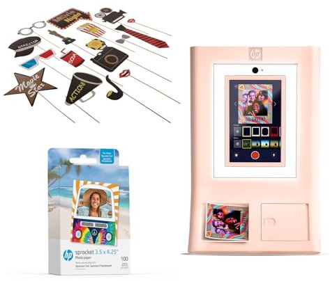 HP Sprocket Photo Booth Machine Instant Color Photo Printer (Pink) + Zink Paper (100 Sheets) + Hollywood Props (1)
