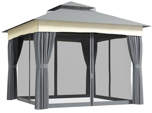 Outsunny Pavillon mit Doppeldach, 3x3 m Wasserabweisend Stabil Winterfest Gartenpavillon mit Moskitonetz, Seitenteile, Garten-Pavillon aus Metall, für Garten, Terrasse, Dunkelgrau