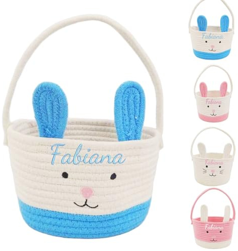 Personalized Easter Basket, Embroidered Easter Bunny Decoration, Easter Accessories with Name, Cotton Easter Gift Basket for Easter Egg Hunt for Boys and Girls (Blue)