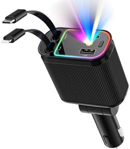 Ofottofo Einziehbares Auto Ladegerät Zigarettenanzünder USB C 66W Schnellladegerät, 4 in 1 Sternenhimmel Auto Zubehör USB Adapter, Car Charger Kompatibel mit iPhone 16 15 14 13 12, Android (Schwarz)