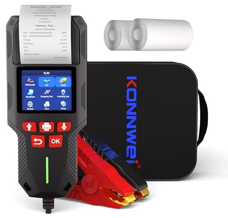 KONNWEI tester batteria auto con stampante, tester batteria auto 12 V 24 V, test di avviamento e ricarica, 100-2000 CCA, analizzatore batteria, tester alternatore per auto, camion, moto (carta inclusa