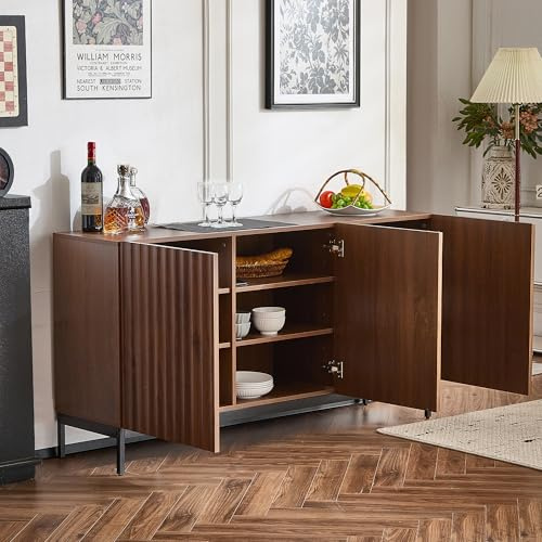 Aparador moderno de roble de vetas oscuras, 3 puertas, diseño ondulado en 3D, estantes ajustables, estilo antivuelco para salón, comedor, oficina (natural-2, 150 x 40 x 80 cm)
