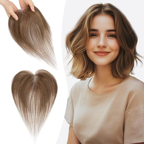 S-noilite Echthaar Toupets für Frauen Mittelbraun - 9x12cm T-Sharp Haar Toppers Clip in Haarteile Echthaar mit Seitenpony 13 Gramm