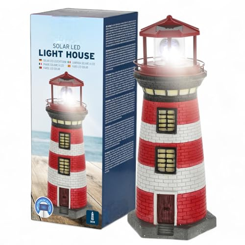 MIJOMA Solar LED Leuchtturm mit Licht – Wetterfest & detailreich für Garten & Balkon – Solar-Deko aus Polyresin – mit Akku & LED-Lichttechnik (38 cm)