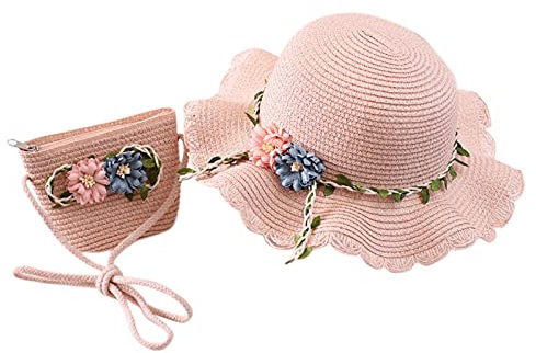 lozssnigzi Chapeau De Paille Enfant Chapeau Paille Et Sac Set, Chapeaux Soleil d'Été Anti UV, à Volants pour Enfant Le Tourisme Vacances Plage, 2-8 Ans, Rose