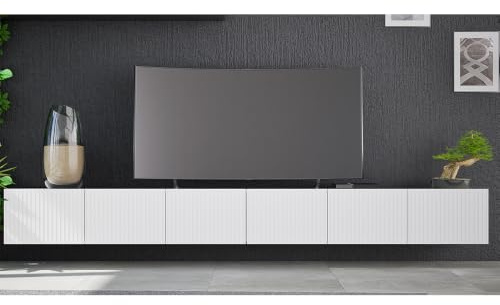 Lomadox Wohnzimmer Lowboard in weiß matt mit Rillenfront 300 cm breit mit 6 Softclose-Türen wandhängend oder mit Füßen montierbar grifflos