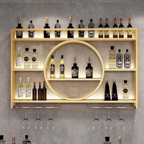 LED beleuchtetes Spirituosenflaschenregal Bar Regale Wandmontage, Metall Weinflasche & Glas Rack Display für Wohnzimmer Esszimmer Küche