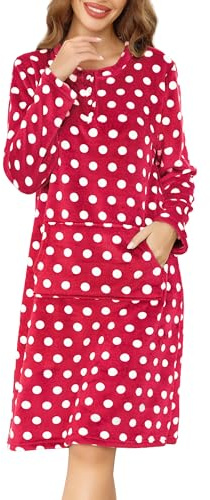 Wikoan Camisón de Mujer Camisones de Franela Estampada con Botones y Bolsillos Pijama Térmico de Invierno,Rojo,L