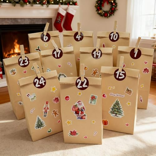 Adventskalender zum Befüllen, Adventskalender 2025 Papiertüten mit Aufkleber, 24 Papiertueten Zum Selber Befüllen, Kraftpapiertüten Weihnachtskalender, 9x18cm