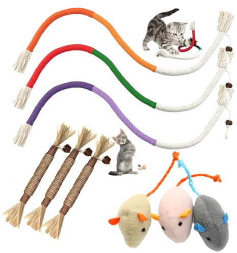3 Juguetes con Hierba gatera para Gatos – 3 Cuerdas para morder, 3 Catnip Juguetes Peluche Ratones y 3 palitos de Catnip para Gatos – Fomenta el Cuidado Dental y el autoentretenimiento Gatos Activos