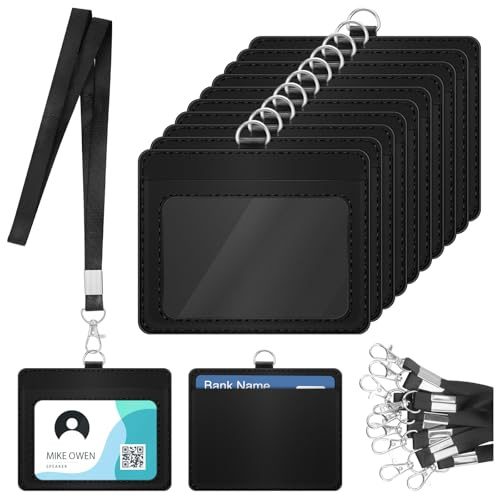 10 Stück Ausweishülle Kartenhülle mit Schlüsselband, mit 10 Kartenfächernmit, PU Leder ID Card Holder, Ausweishalter Abzeichen Kit, Horizontal Badge Card Holder für Geschäftsereignisse, Arbeit, Büro