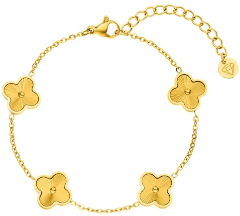DIAMOND MODE Kleeblatt Armband Damen Gold – Schmuck 18K vergoldet, Shine Clover, Chirurgenstahl 316L, wasserfest, verstellbar 16–20 cm – Geschenk