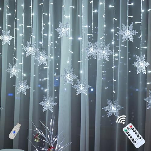 3.5M Schneeflocke Lichtervorhang Fenster, LED Schneeflocke Weihnachtsbeleuchtung Fenster USB Schneeflocken Lichtervorhang Innen mit Fernbedienung Fensterbeleuchtung Weihnachten für Innen Außen (C)