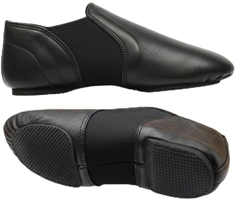 Slip On Jazz Dance Shoes - Black Leather - Modern Stage Rubber Heel Split Sole – Neoprene - Irish Dancing Pumps – Adult Sizes