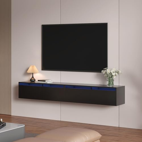KEEPREAPER Lowborad, Fernsehschrank, hängend Lowboard, TV Schrank mit LED-Beleuchtung, grifflose TV-Board, für Wohnzimmer mit Klapptür (Schwarz, 200cm)