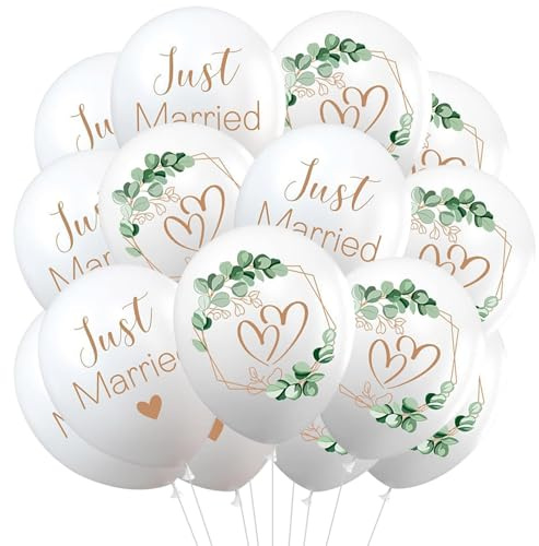 Ovanda 30 Luftballons Hochzeit 12 Zoll, Weiß mit Herz & Eukalyptusdesign | Aus Latex, für Luft oder Helium; als Hochzeitsdeko für Verlobung, Standesamt, Heiratsantrag, Jubiläum und Fotohintergrund.