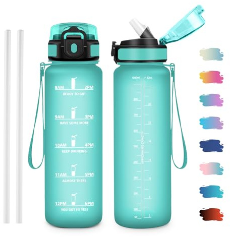 JAPORIA Cantimplora 1L, Botella con Pajita, Botella de Agua con Marcador de Tiempo, Botellas sin BPA para Running, Cámping, Oficina, Bicicleta, Fitness