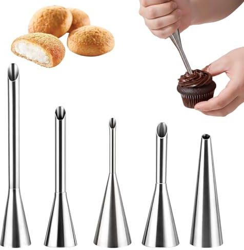 ikBrtaiay 5 Piezas Boquillas de Acero Inoxidable, Reposteria Inyector, Boquillas Manga Crema Pastelera para Mermelada, Adecuadas para Rellenar Crema con Mangas Pasteleras
