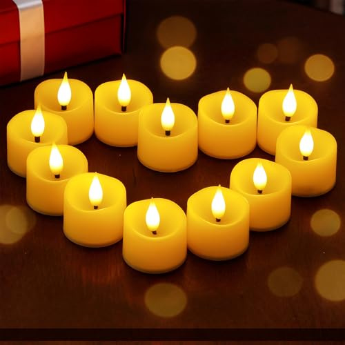 Wroxipel Pack de 12 Velas de Té a Pilas Marfil, Velas Votivas de Plástico, Velas LED sin Llama, 3,8cm x4,5cm, Autonomía 200h, Parpadeo Realista para Decoración de Mesa Hogar
