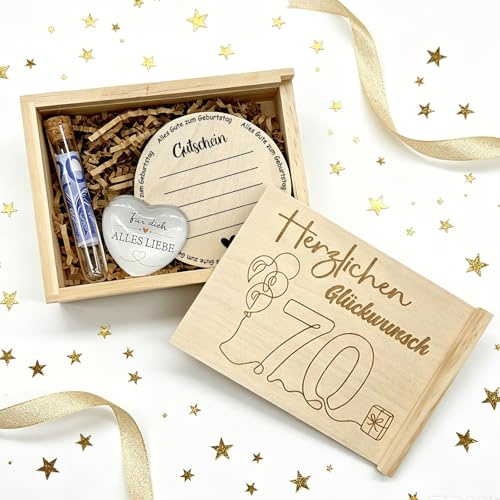 Geldgeschenk 70. Geburtstag Holzbox mit Reagenzglas & Gutscheinkarte | Würdevoller Wunscherfüller für Oma & Opa. Edle Geldgeschenkverpackung inkl. bruchsicherem Reagenzglas & Holz-Gutschein