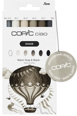 Copic Ciao Shade-Set, Warm Gray + Black, 6 Stk. | Copic Marker Set zum Schattieren, für Farbverläufe + Details, nachfüllbar | Ideal für den Einstieg in die Grauton-Welt | Inkl. 1 Multiliner kostenfrei
