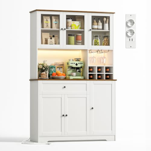 Wumagin Küchenschrank mit Arbeitsplatte, Buffetschrank mit Weinregal, LED-Licht & Steckdose mit USB, Verstellbare Einlegeböden Anti-Kipp Vorrichtung, Sideboard Küche für Wohnzimmer Esszimmer (Weiß)