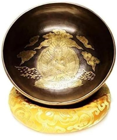 Handstämd Singing Bowl, Gul tibetansk sångskål Mantragraverad Koppar Dubbel Mallet Silk Kudde Yoga Chakra