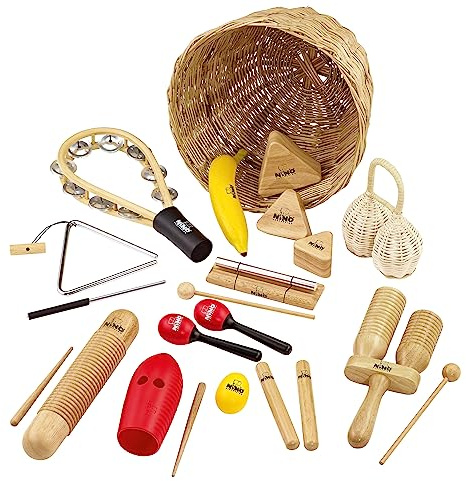 Nino Percussion NINOSET515 Percussion Sortiment fünfzehnteilig | Musikinstrument für Kinder ab 3 Jahren, 15-teilig, Inklusive Rattankorb, ABS Kunststoff und Holz