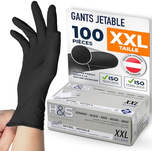 Gants nitrile jetables non poudrés H&S (100 pièces), S Small M Medium L Large XL X-Large, sans latex, convient pour aliments, dermophile et bien tolérée - pour les peaux sensibles (noir, XXL)