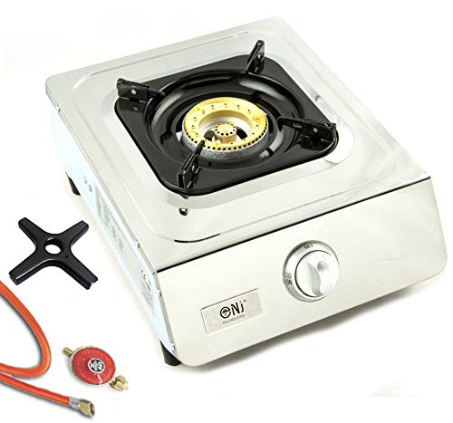 NGB-100 Edelstahl Gaskocher 1 flammig Propangas Campingkocher Turbo-Brenner + Gasherdkreuz inkl. Gasschlauch Druckminderer 50 mbar (1-flammig)