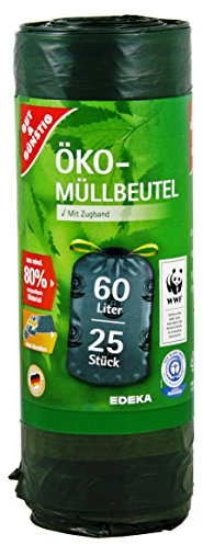 Öko Müllbeutel mit Zugband - 60 Liter - Besonders Reißfest & Flüssigkeitsdicht - Blauer Engel Zertifikat (1er Pack)