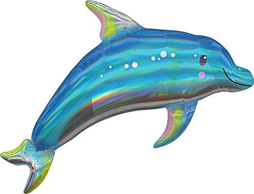 Amscan 3937601 - Super Shape Folienballon Iridescent Blue Dolphin, Größe 73 x 68 cm, Volumen 40 Liter, Heliumballon