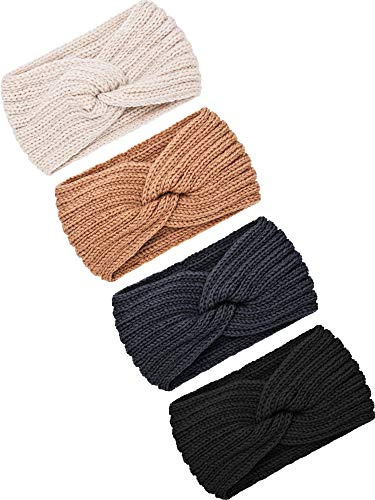 TecUnite 4 Pieces Winter Headbands for Women Knit Winter Warm Ear Muffs Thick Crochet Head Wrap Stocking Stuffers Gifts(Black, Dark Grey, Camel, Beige)