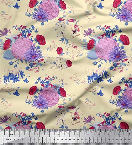 Soimoi Weiß Baumwoll-Popeline Stoff Blutter, Aster & Begonie Blumen- Dekor Stoff gedruckt 1 Meter 42 Zoll breit