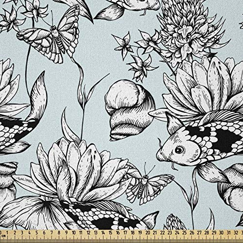 ABAKUHAUS Shabby Chic Stoff als Meterware, Teich-Wasser-Blumen, Microfaser Stoff für Dekoratives Basteln, 1M (230x100cm),Babyblau Weiß Schwarz