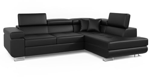 Menzzo Canape Convertible d’Angle Simili Noir - Pieds chromés - Canape Lit avec têtière relevable - Large Accoudoir, Coussins Moelleux & Assise Confortable - L275 x P202 x H90 cm