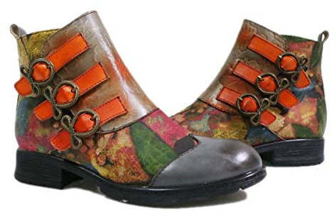 CrazycatZ Womens Ankle Bootie Leather Floral Splicing Pattern Fur Lined Boots (41 EU 8 UK, ORANGE)