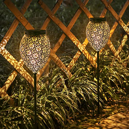 JOYCREATOR Metall Solarleuchten für Außen, 2 Stück IP65 Wasserdicht Solarlampen für Außen Garten, Warmweiß Orientalische LED Solar Gartenleuchte Terrasse Balkon Vintage Deko 2er Set
