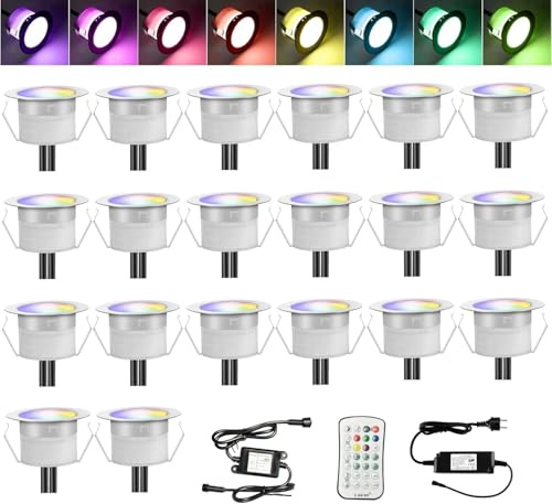 Terrasse bodeneinbaustrahler aussen rgb, 20er Einbaustrahler Led Terrassenbeleuchtung mini led spot Boden Licht mit Fernbedienung, IP67 Wasserdicht led einbaustrahler außen für Küche Garten Treppen
