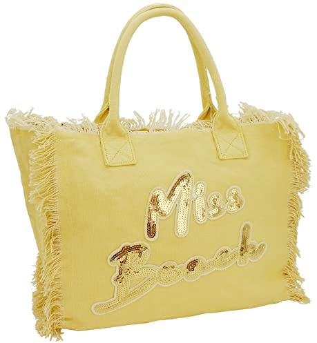 Miss Beach - Kleine Badetasche mit Reißverschluss - Strandtasche - Picknick-Tasche aus Canvas (Gelb)
