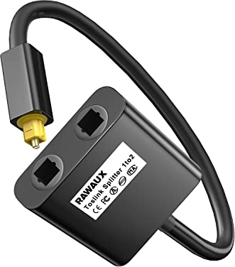 RAWAUX Toslink Splitter 1 in 2 Out Optischer Splitter Digital Audio Optisches Kabel Verteiler Optical Audio SPDIF Verteiler Optisches Audiokabel Adapter für TV, DVD, Verstärker, Soundbar (Schwarz)