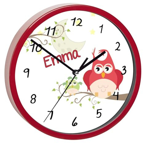 CreaDesign, Wanduhr Kinder personalisiert mit Name, Motiv Eule Mama, Rahmen Wanduhr rot, Ø 19,5 cm