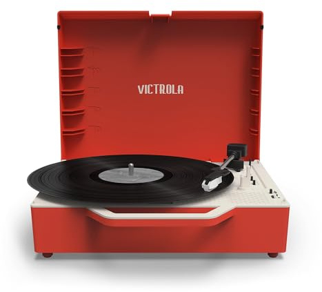 Victrola Re-Spin – Sustainable Suitcase Vinyl Record Player, 3-Speed (33 1/3, 45 & 78 RPM), Belt-Driven Bluetooth Turn Table with Built-in Bass Radiator, 3.5mm Headphone Jack (Red)