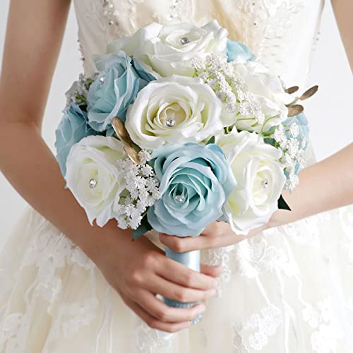 S_SSOY Wedding Bouquet for Bride Bridesmaid White and Blue Rose Bouquet for Wedding Party Prom Decoration