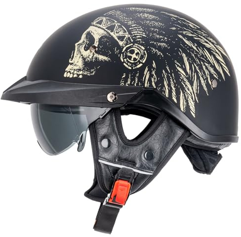 VCOROS Half Helmets Motorcycle VHF04 Open Face Sun Visor Quick Release Buckle Adjustable DOT Approved Cycling Retro Cruiser Pilot Helmets for Adults Men and Women (Matte Indian,L)