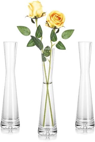 Hewory Blumenvase Modern 3er Glasvasen, 25cm Vase Schmal Vasen Glas Blumen Vase für Tischdeko, Glasvase Handmade Tulpenvase für Eine Rose für Hochzeitsdeko Tisch Deko Wohnzimmer Esstisch Startseite