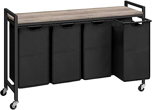 HOOBRO Wäschekorb 4 Fächer, Wäschesammler mit Ablage, Wäschebox, Wäschewagen mit Rollen, 4 x 39,8 L, Wäschesack aus Oxford-Gewebe, Greige-Schwarz EBG04XY01