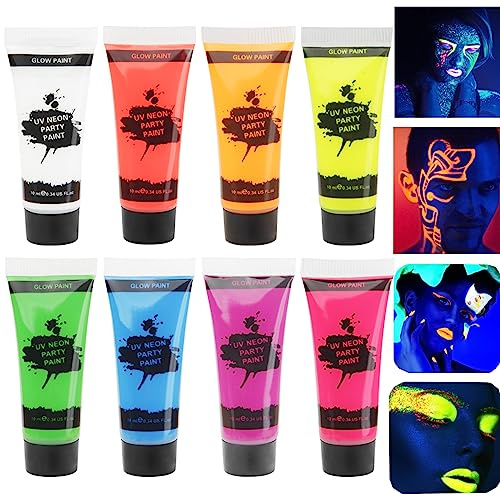 MEICOLY Glow Blacklight Face Paint,Neon UV Body Paint Set of 8 Tubes Blacklight Reactive Paints,Glow in the Dark Body Paint Neon Party Supplies,Neon Fluorescent Face Paint Blacklight Glow Makeup