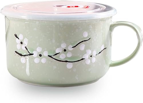 Ramen-Schalen, Suppenschüssel, 800 ml, japanische Instant-Nudelschüssel aus Keramik, Suppenschüssel in Tassenform aus Porzellan mit Deckel und Griff, Ramen-Schüssel, Müslischale, mikrowellengeeignet,